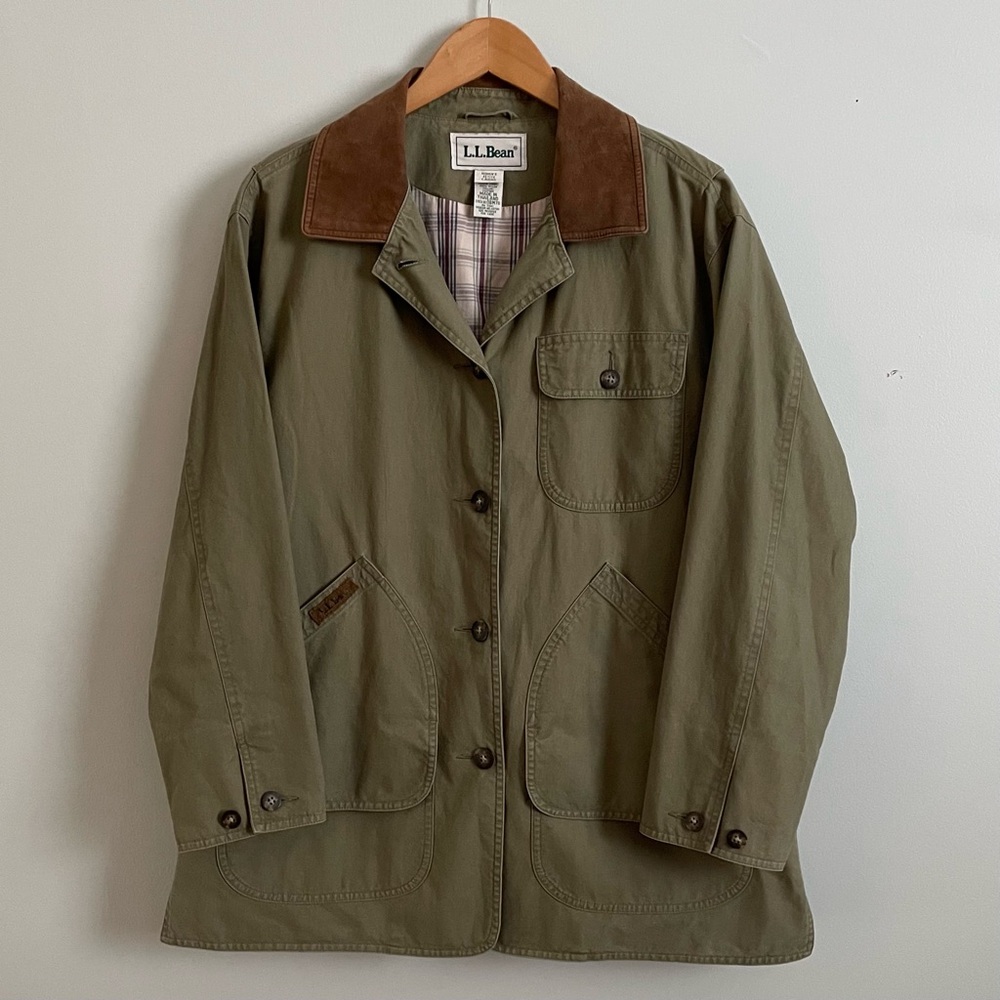 Vintage L.L. Bean Barn Coat in Olive Green with Leather Collar, Petite Large